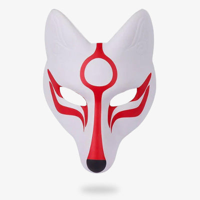 Máscara japonesa okami que representa a la diosa Amaterasu en pintura roja intensa