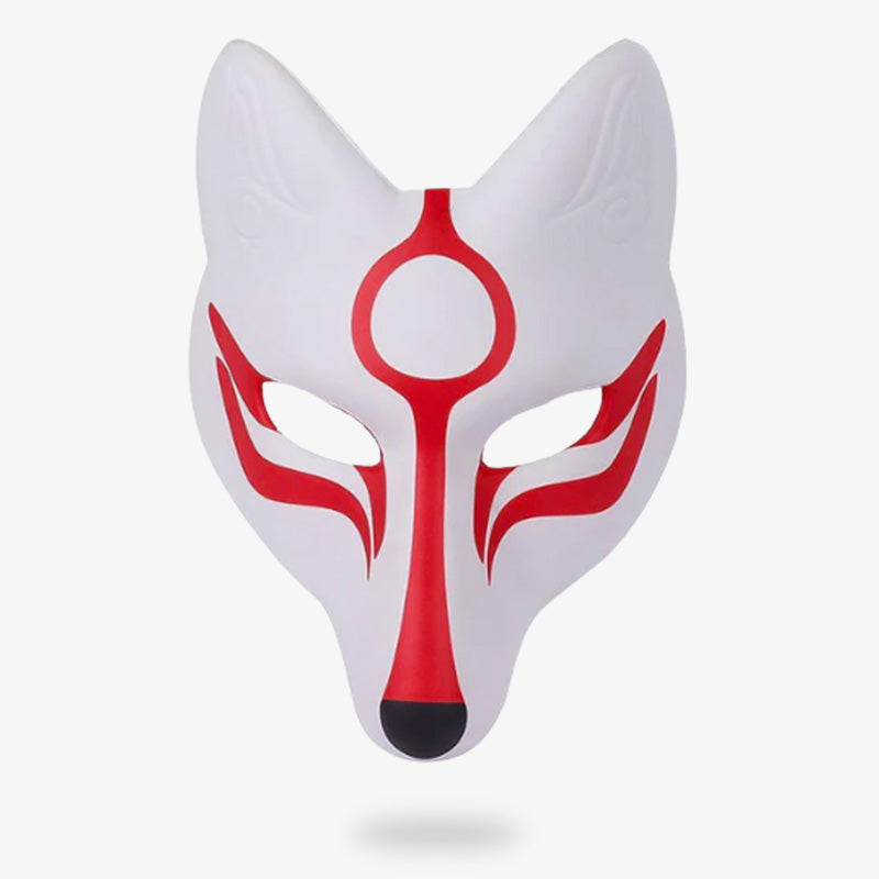 Máscara japonesa okami que representa a la diosa Amaterasu en pintura roja intensa