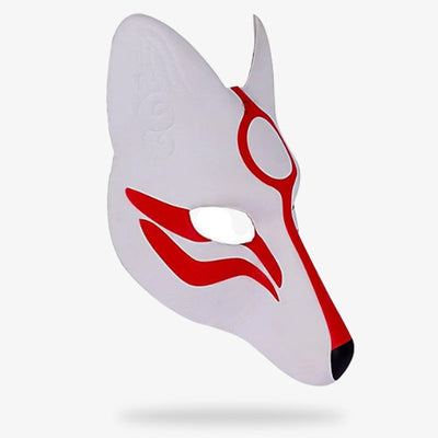 Máscara japonesa okami en pintura roja y blanca