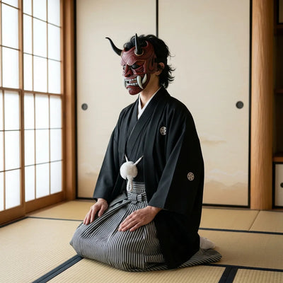 Máscara samurái oni vista en tres cuartos, mostrando los cuernos y colmillos, llevada arrodillado sobre tatami con un kimono negro.