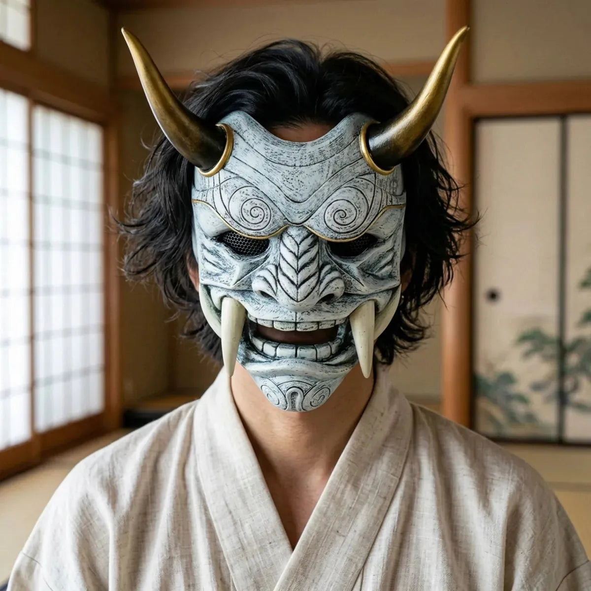 Primer plano de la mascara oni blanca con cuernos dorados y colmillos de marfil, llevada en una habitacion japonesa con tatami
