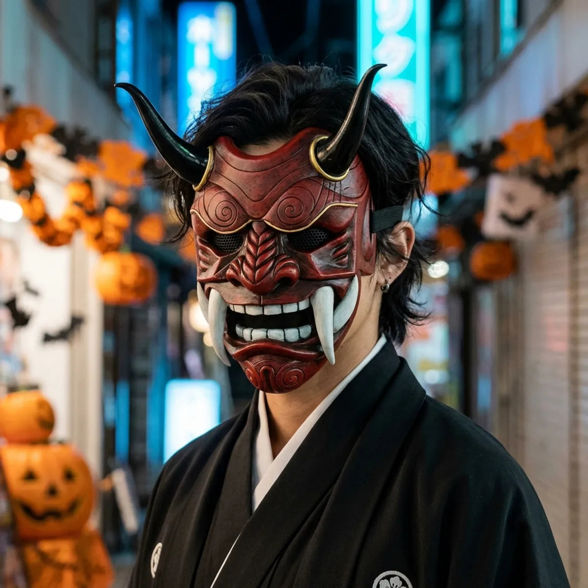 Máscara oni japonesa: máscara de demonio roja con cuernos llevada con un kimono negro de noche para Halloween, con neones azules de Tokio al fondo.