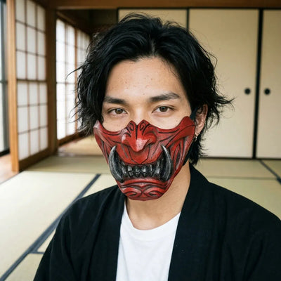 Mascara de samurai demonio: primer plano de la media mascara oni roja llevada en una habitacion japonesa de tatami, con colmillos plateados bajo unos ojos oscuros y serenos