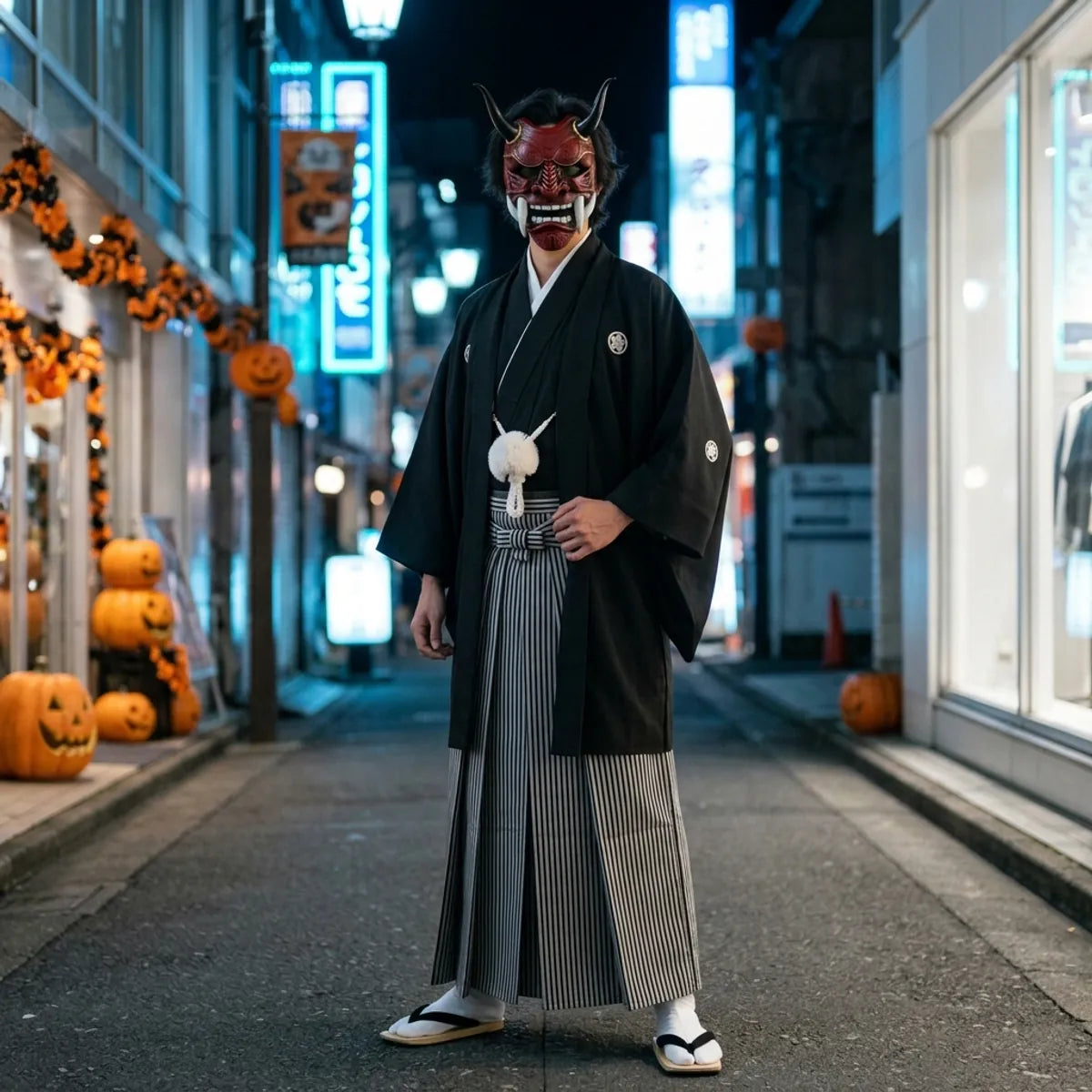 Máscara de demonio oni para Halloween llevada con un kimono negro y hakama a rayas en una calle vacía de Tokio de noche.