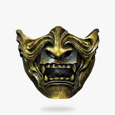 Máscara Oni Mempo Dorada de estilo samurái en negro y dorado