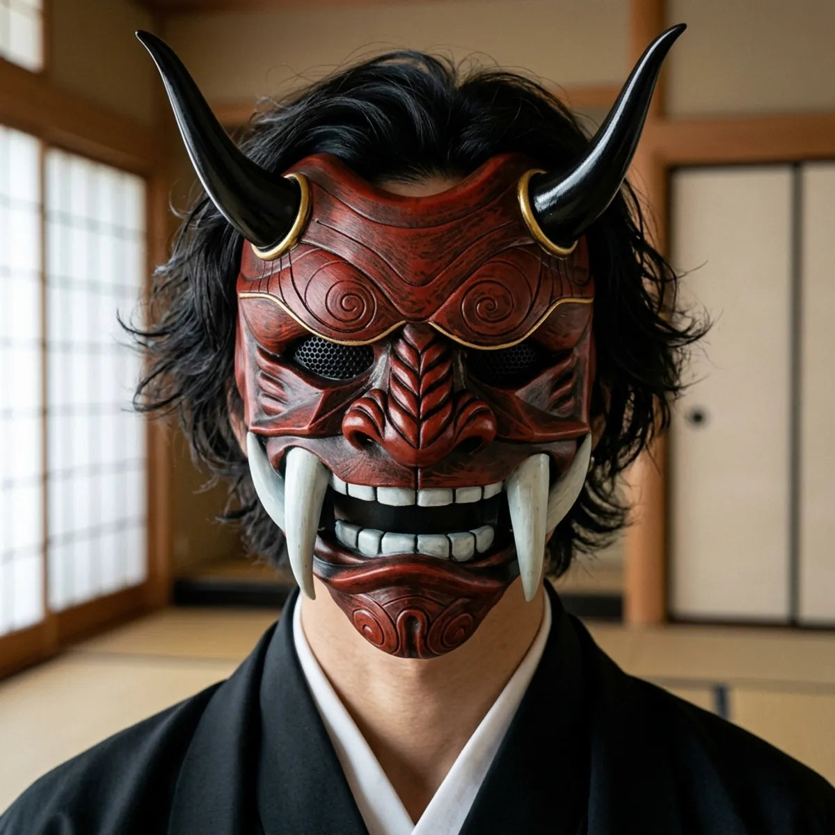 Máscara oni japonesa: primer plano de la máscara roja de demonio con cuernos negros y colmillos de marfil, llevada con un kimono negro en una sala de tatami.