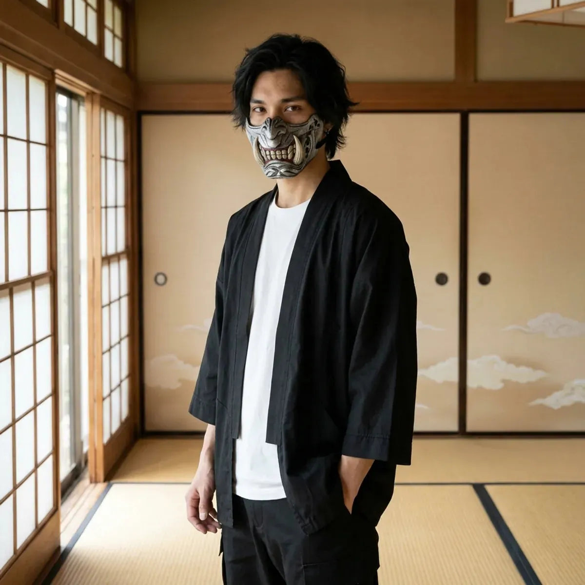 Mascara oni de plata con colmillos de marfil usada en una habitacion japonesa con tatami