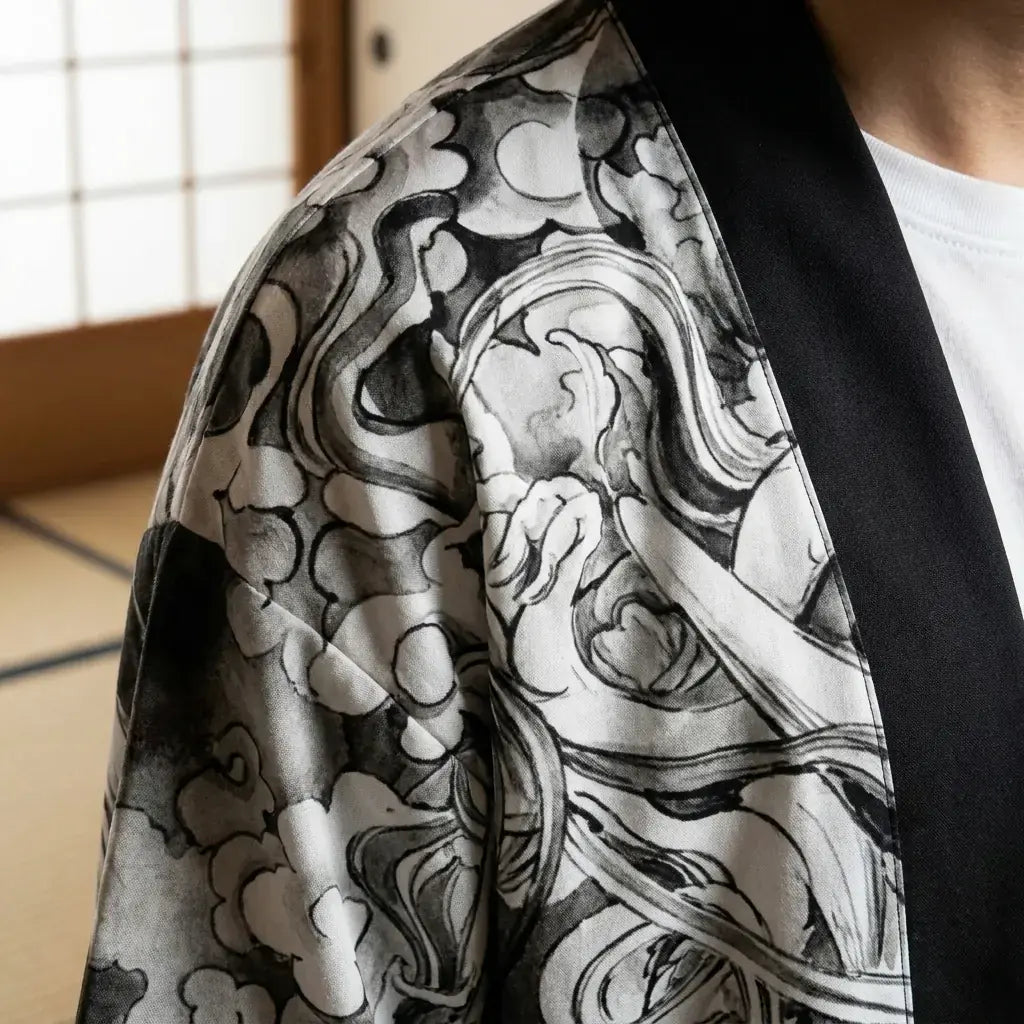 Primer plano del tejido y la manga del chaqueta kimono haori