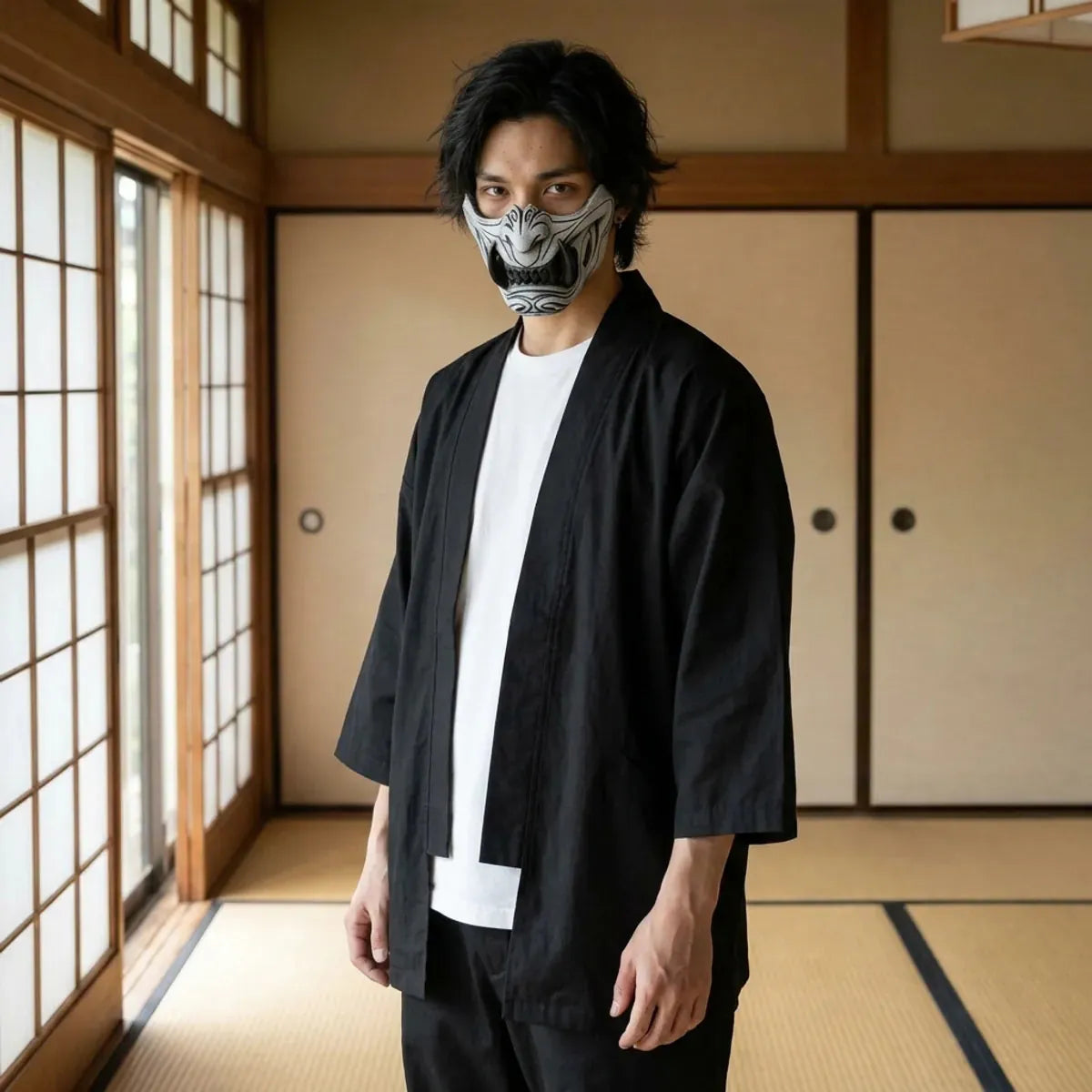 Media máscara oni gris con profundos surcos tallados, llevada en una habitación japonesa con tatami