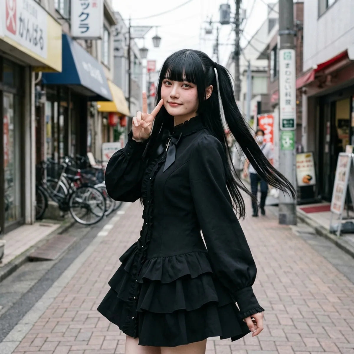 Estilo callejero gótico de Harajuku, con las mangas abullonadas y los volantes escalonados captados en movimiento