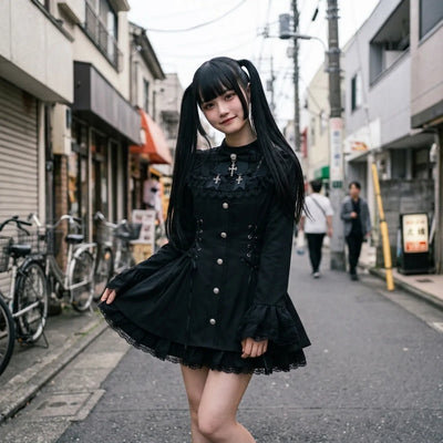 Vestido lolita oscuro en una callejuela de Harajuku, con el cordon del corse y el cuello de encaje negro a la luz del dia