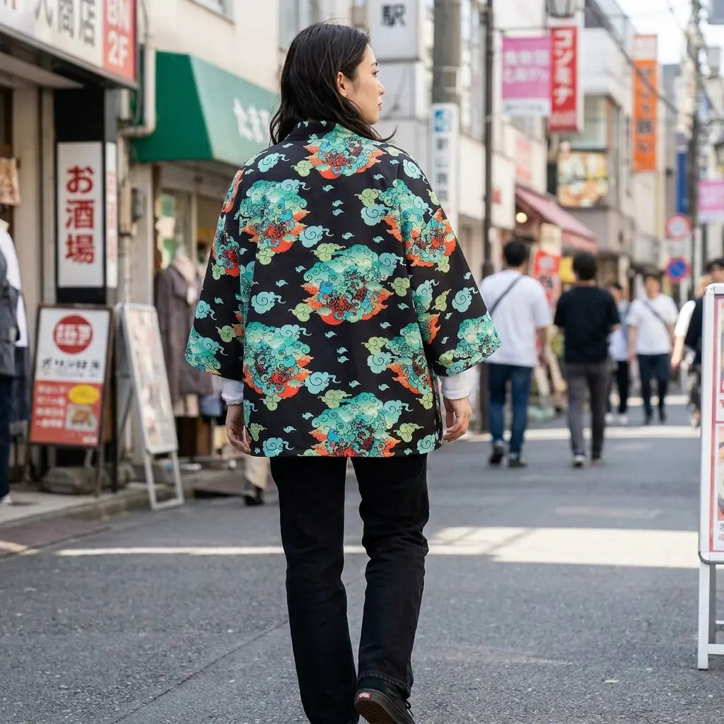 Mujer vista de espaldas vistiendo un haori streetwear en una calle de Harajuku