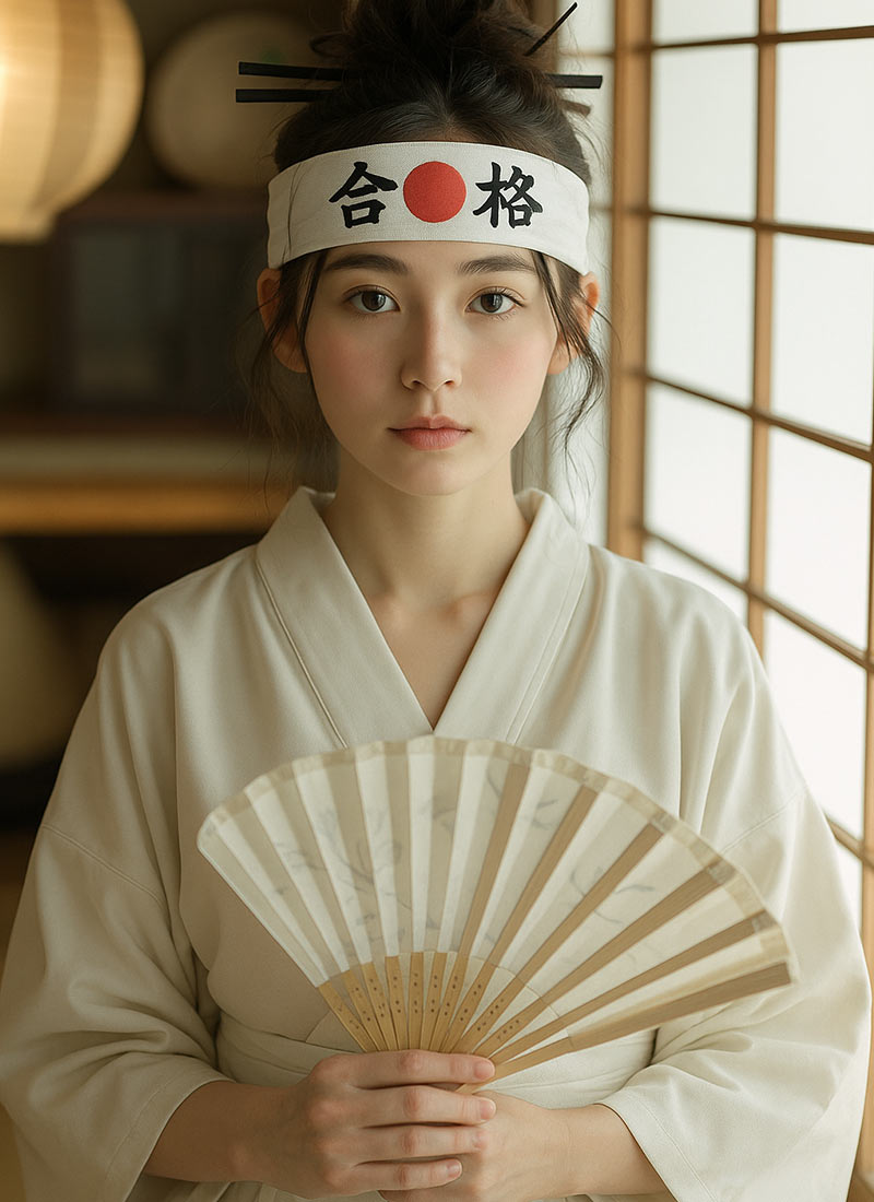 Mujer con kimono tradicional japonés sosteniendo un abanico y luciendo un hachimaki en la cabeza, con un decorado japonés de fondo