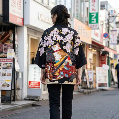 Harajuku Kimono llevado por una mujer en una habitación japonesa tradicional