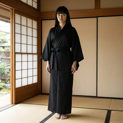 Mujer con un nagajuban yukata negro abierto sobre un conjunto sencillo por capas