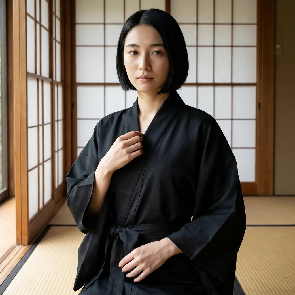 Vista trasera del kimono negro inspirado en el nagajuban, con sus paneles largos y rectos
