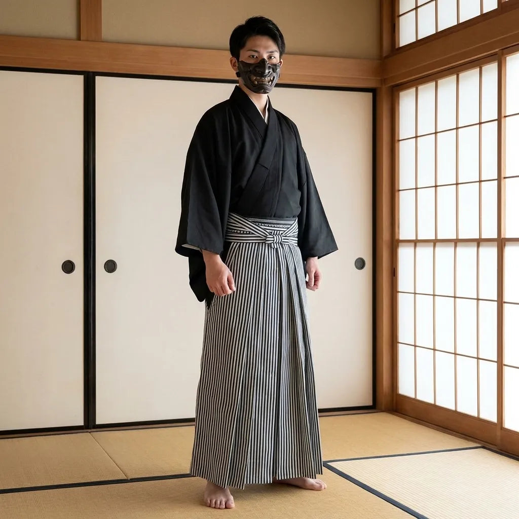 Pantalón hakama a rayas visto de perfil sobre superficie de tatami