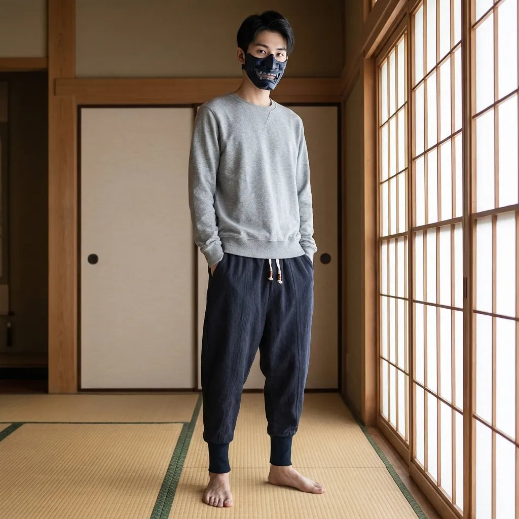 Hombre con pantalón harajuku y sudadera gris en una habitación de suelo de madera