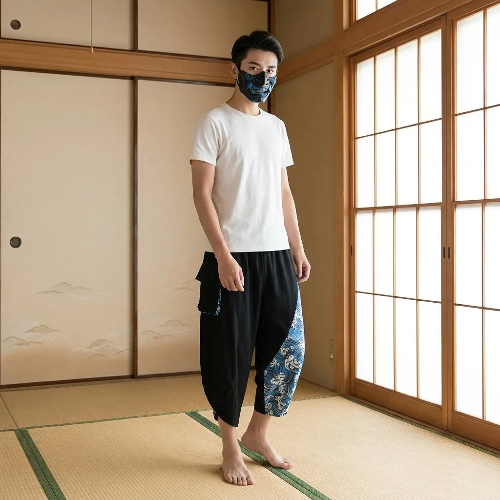 Detalle del tejido negro del pantalón harem japonés
