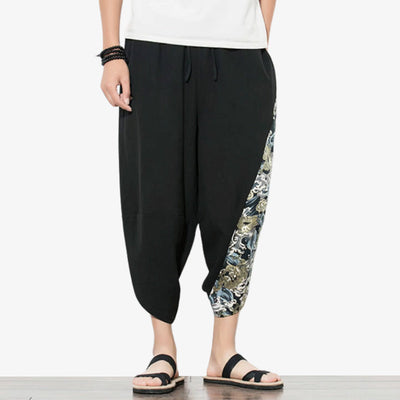 Pantalón harem japonés con motivos naturales, vista frontal