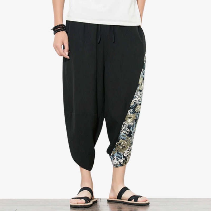 Pantalón harem japonés con motivos naturales, vista frontal