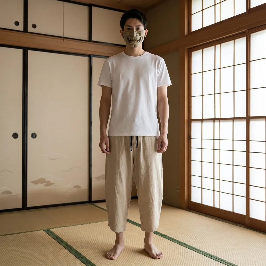 Pantalones japoneses cortos vistos de perfil sobre fondo neutro