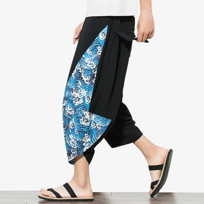Pantalones anchos japoneses con motivo tradicional de olas azules