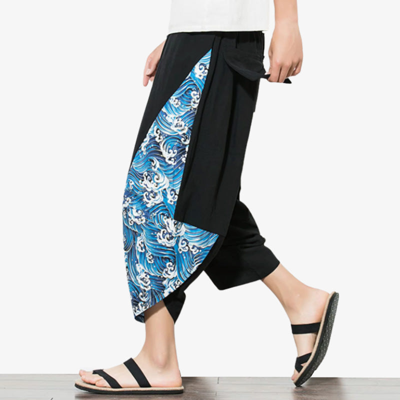Pantalones anchos japoneses con motivo tradicional de olas azules