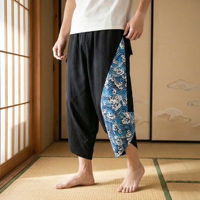 Pantalones harem japoneses negros con estampado de olas