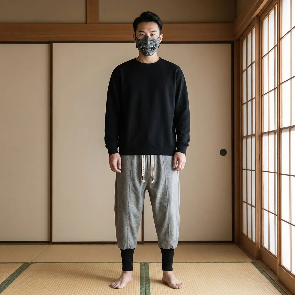 Pantalón japonés ajustado en los tobillos con cordón de kanji
