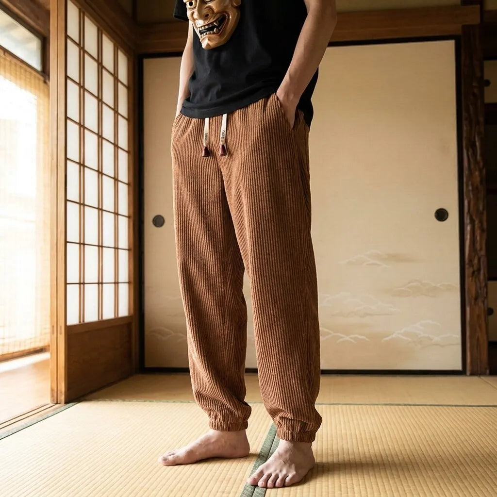 Pantalones japoneses de pana vistos de frente sobre fondo neutro