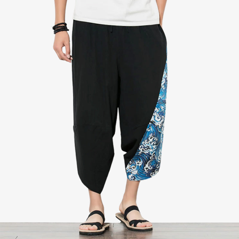 Pantalones con estampado de olas japonesas en negro