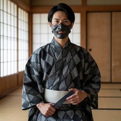Detalle del patrón hishi en kimono masculino