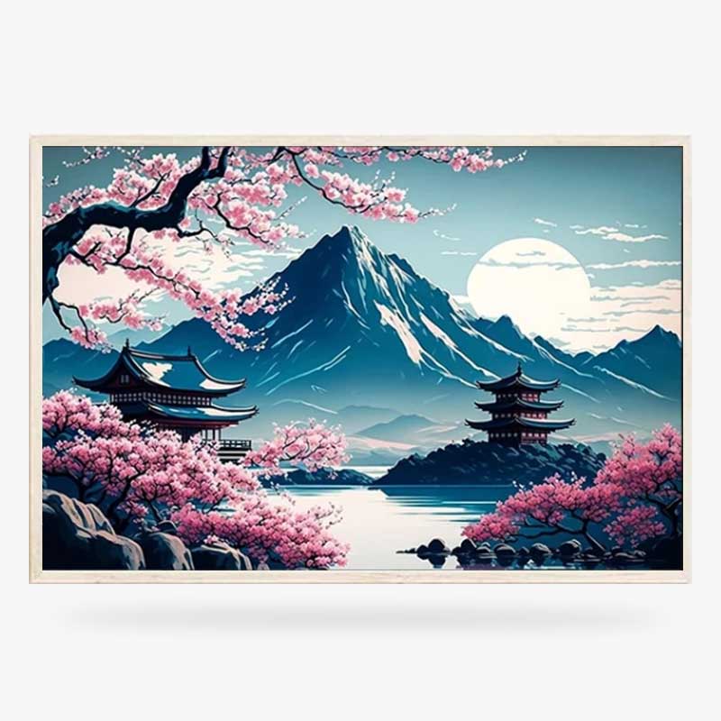 Gran lienzo de paisaje japonés con el Monte Fuji, templos japoneses y un cerezo en flor