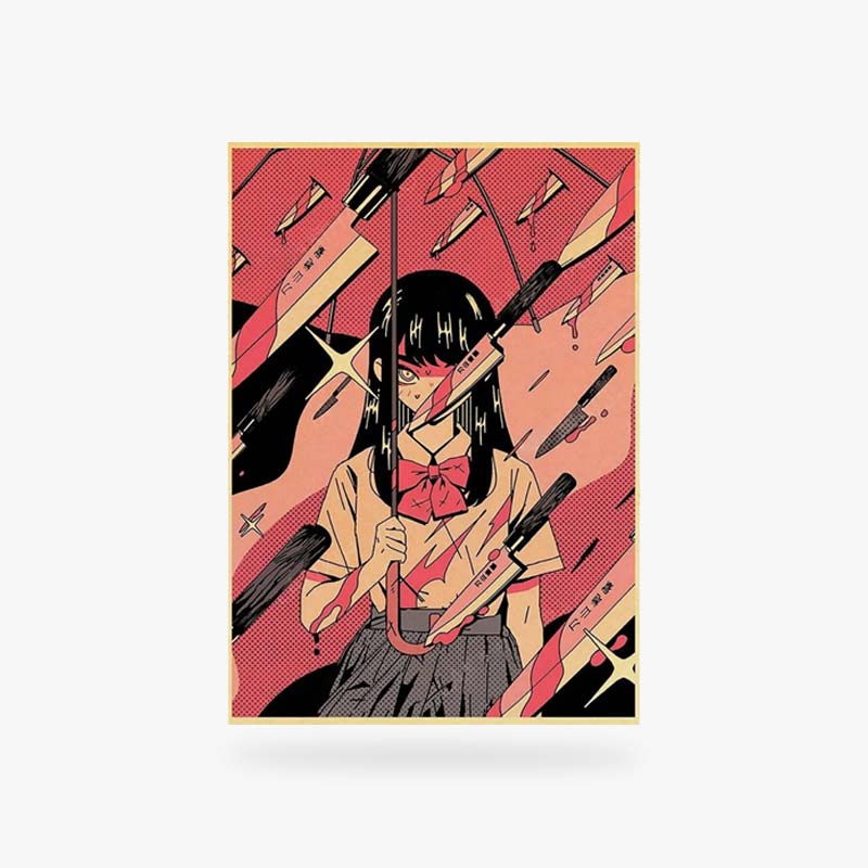 Poster manga con colegiala japonesa rodeada de cuchillos voladores