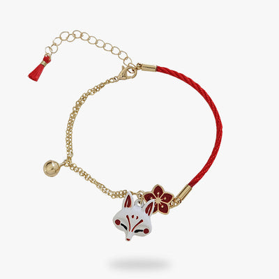 Pulsera japonesa de mujer hecha de cuerda y cadena, joya con cabeza de zorro Kitsune y símbolo de flor de Sakura
