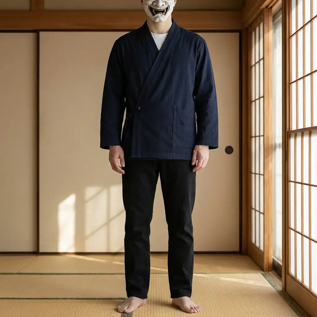 Samue Japonés Hombre llevado por un hombre en una habitación japonesa tradicional, vista frontal
