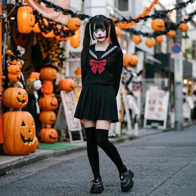 Uniforme marinero japones llevado en Halloween en Harajuku con maquillaje de payaso Joker