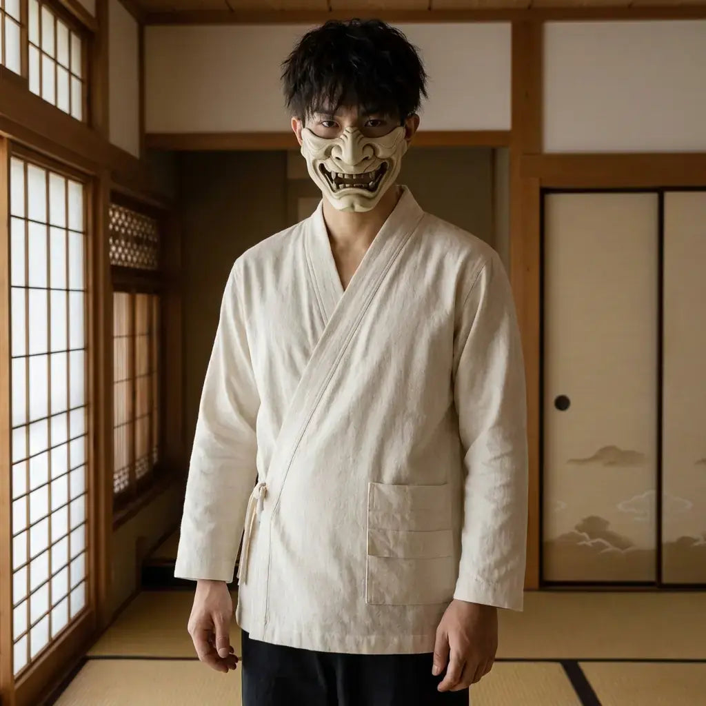 Samue Japones Hombre llevado por un hombre en una habitación japonesa tradicional, vista frontal