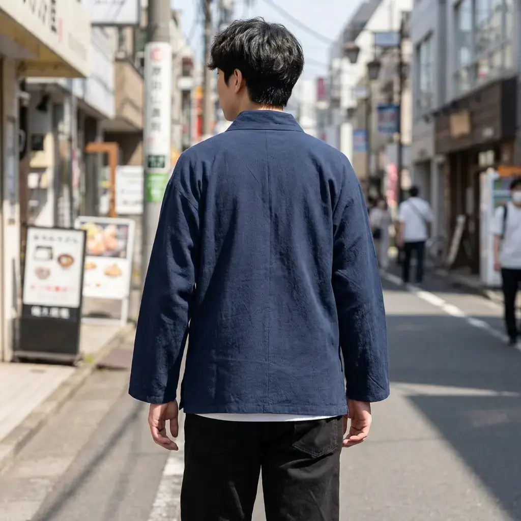 Samue Japonés Hombre llevado por un hombre en una habitación japonesa tradicional, vista frontal