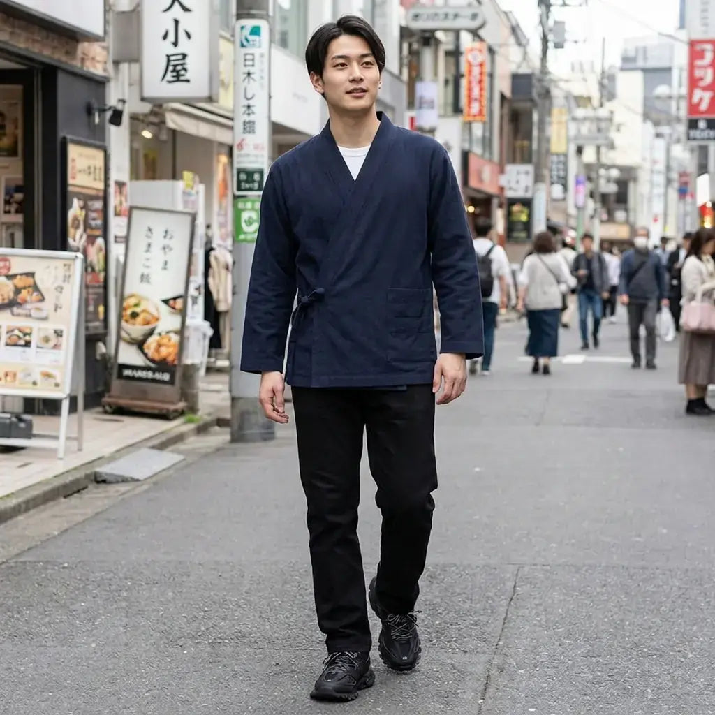 Samue Japonés Hombre llevado por un hombre en una habitación japonesa tradicional, vista frontal