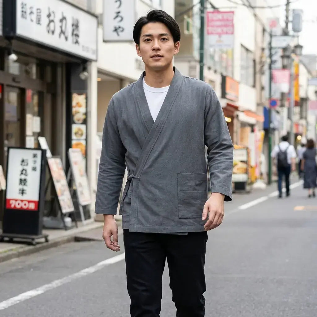 Samue Japones Hombre llevado por un hombre en una habitación japonesa tradicional, vista frontal