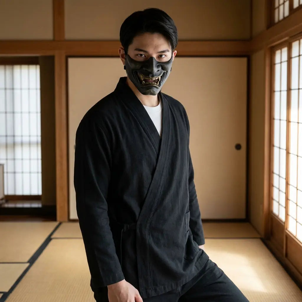 Hombre con samue japonés en una habitación washitsu tradicional