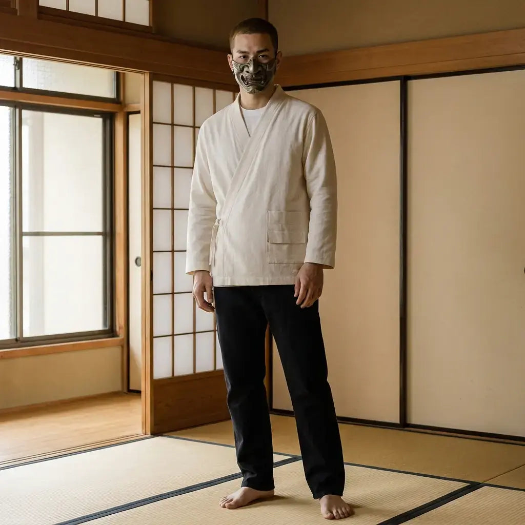 Samue Japones Hombre llevado por un hombre en una habitación japonesa tradicional, vista frontal