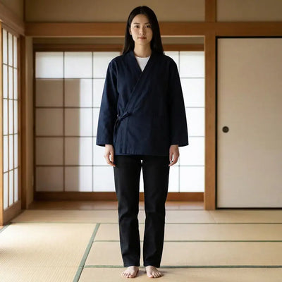 Samue Japonés Hombre llevado por una mujer en una habitación japonesa tradicional