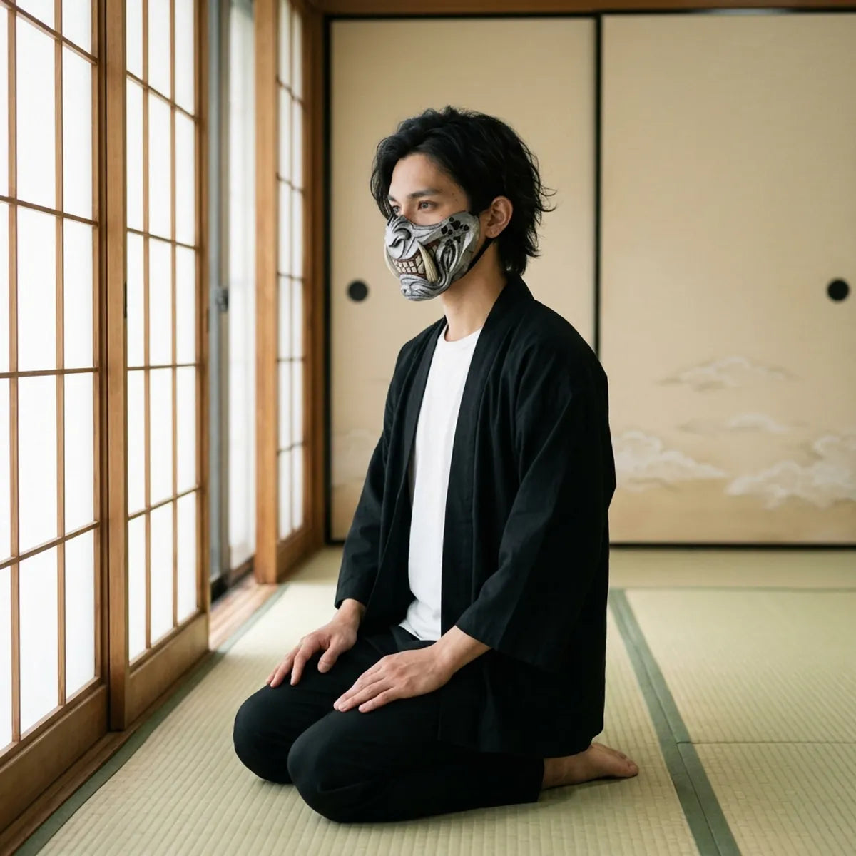 Mascara samurai oni vista de perfil, con la mejilla tallada y el colmillo de marfil, usada mientras se arrodilla sobre el tatami