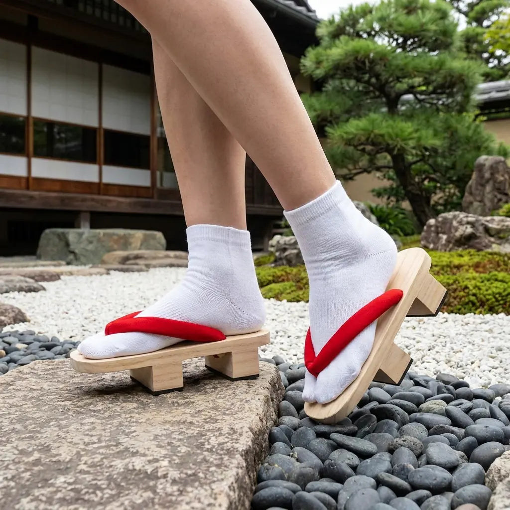 Sandalias Geta llevadas con un kimono rosa