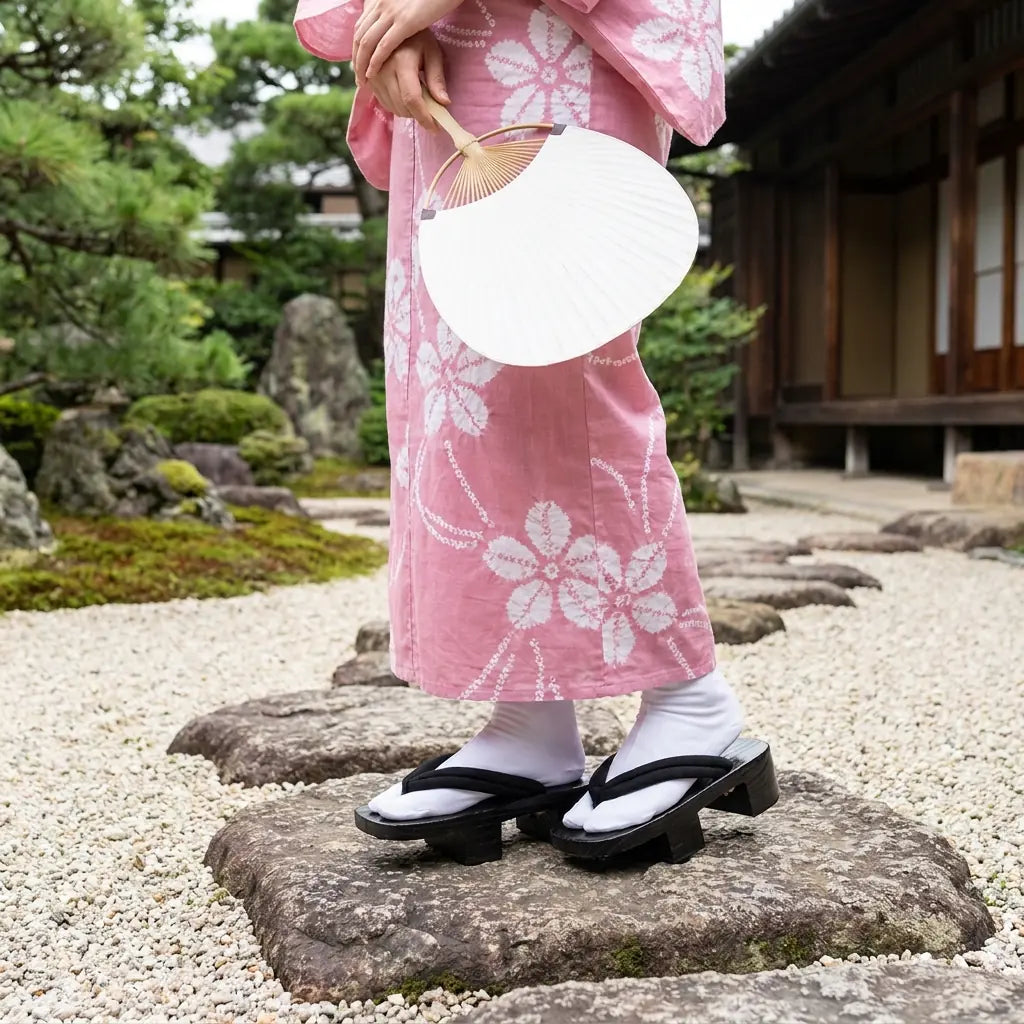 Sandalias geta llevadas con un kimono rosa en un jardín japonés