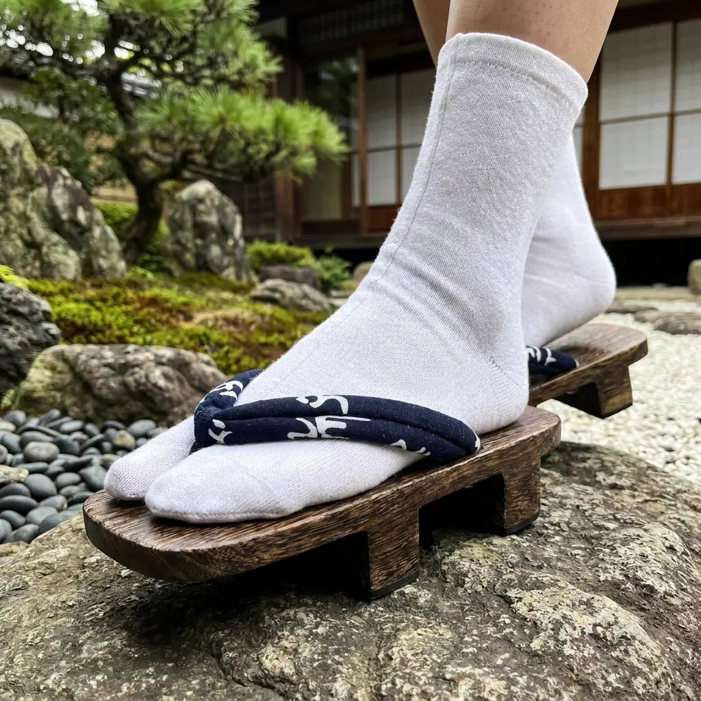 Primer plano de la tira hanao azul marino con caracteres blancos en las sandalias geta