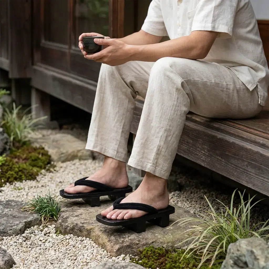 Sandalias Geta llevado por un hombre en una habitación japonesa tradicional, vista frontal
